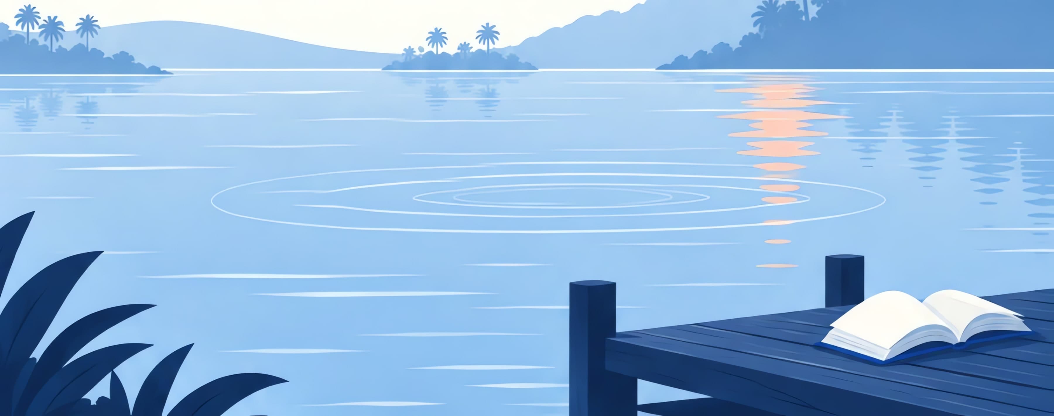 A wide, still lake at dusk with palm islands on the horizon, a wooden jetty with an open book, and leaves in the foreground.